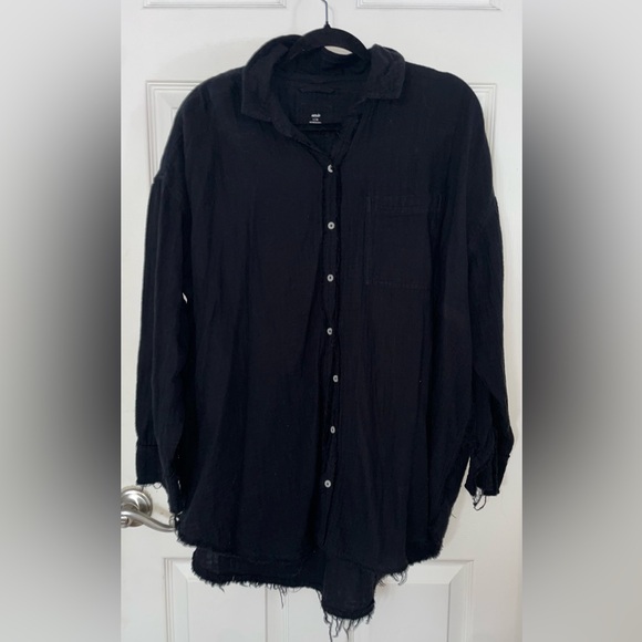 aerie Tops - Aerie Black Oversized Cotton Textured Distressed Button Down Shirt Large